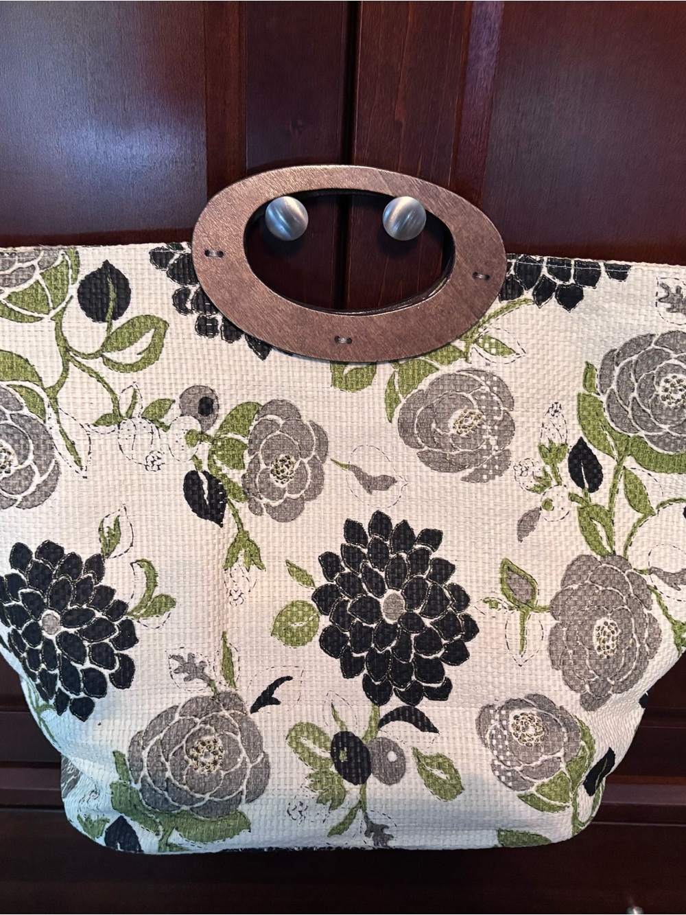 Floral Woven Tote/Beach Bag in Black, Gray & Green